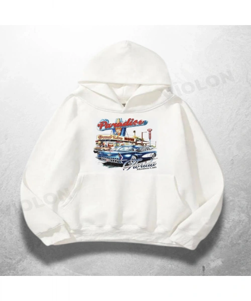 Beyaz Unisex Drive In Baskılı Oversize Hoodie Sweatshirt