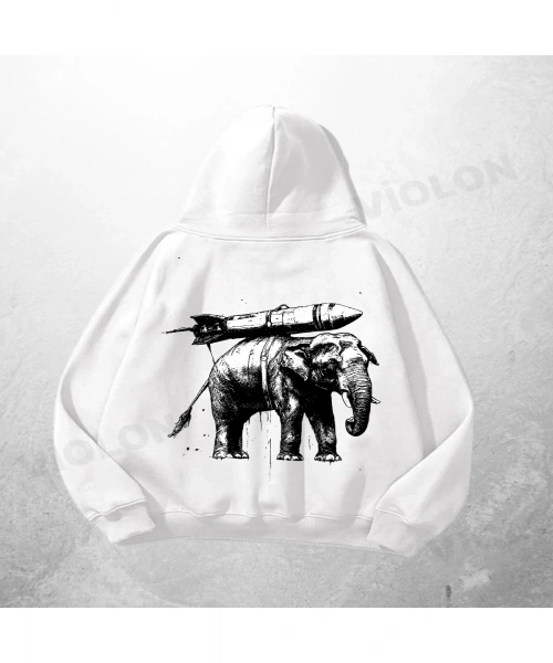 Beyaz Unisex Elephant Missile Baskılı Oversize Hoodie Sweatshirt