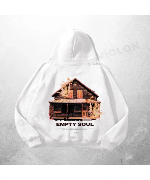 Beyaz Unisex Empty Soul Baskılı Oversize Hoodie Sweatshirt