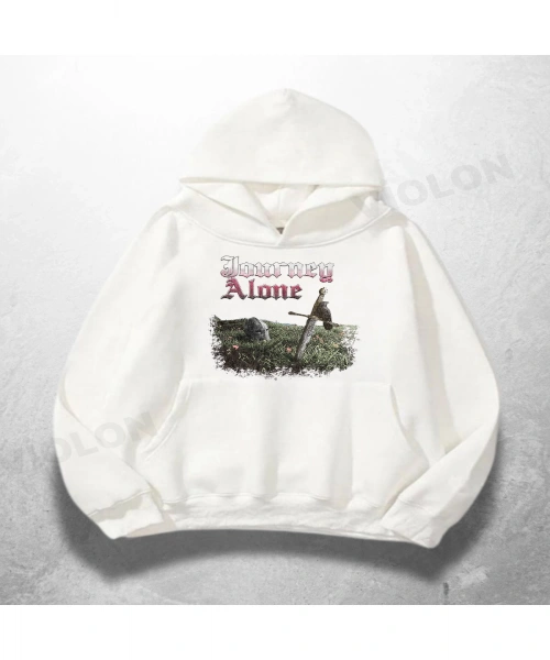 Beyaz Unisex Forever Alone Baskılı Oversize Hoodie Sweatshirt