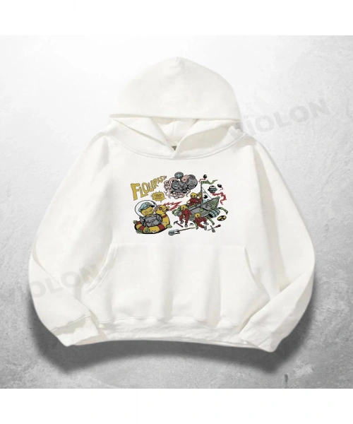 Beyaz Unisex Four Squad Baskılı Oversize Hoodie Sweatshirt