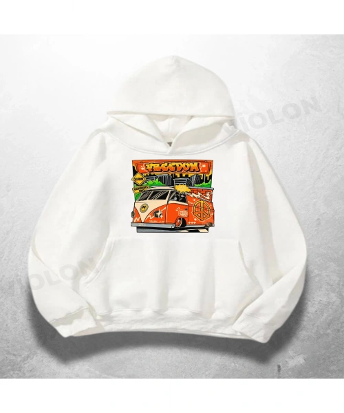 Beyaz Unisex Freedom Van Baskılı Oversize Hoodie Sweatshirt