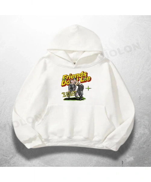 Beyaz Unisex Friends Dont Lie Baskılı Oversize Hoodie Sweatshirt