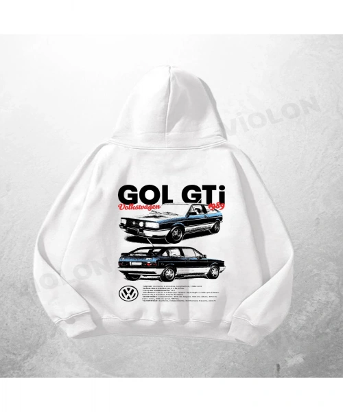 Beyaz Unisex Gol GTi Car Baskılı Oversize Hoodie Sweatshirt