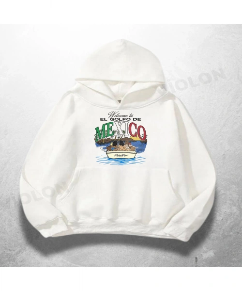 Beyaz Unisex Golfo de Mexico Baskılı Oversize Hoodie Sweatshirt