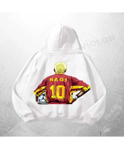 Beyaz Unisex Hagi 10 Baskılı Oversize Hoodie Sweatshirt