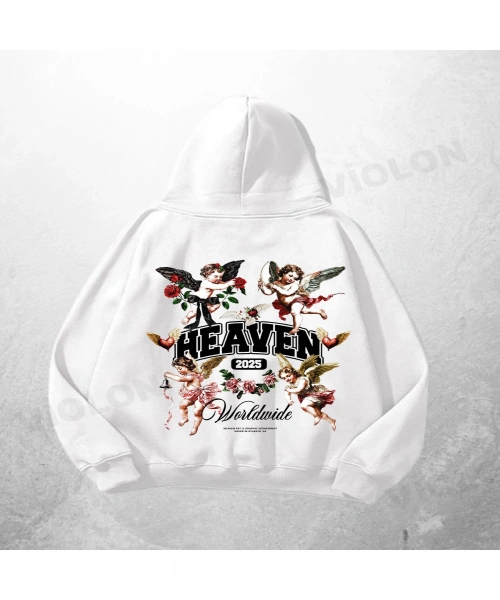 Beyaz Unisex Heaven Baskılı Oversize Hoodie Sweatshirt