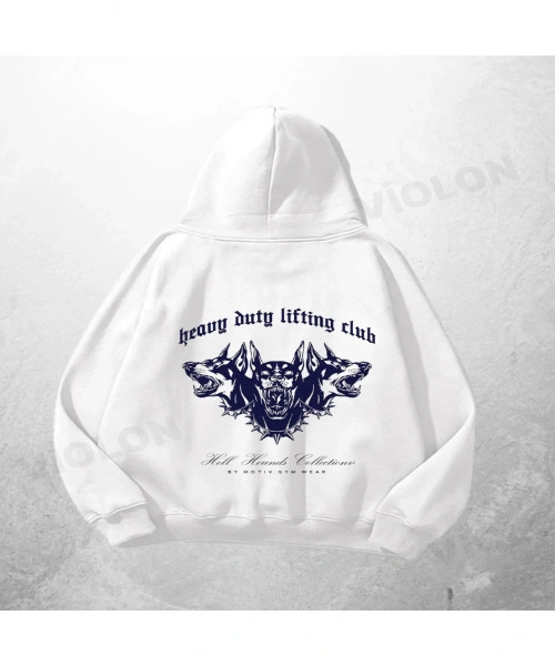 Beyaz Unisex Heavy Duty Lifting Club Baskılı Oversize Hoodie Sweatshirt