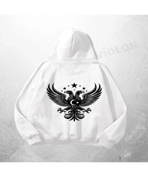 Beyaz Unisex Heraldic Eagle Baskılı Oversize Hoodie Sweatshirt