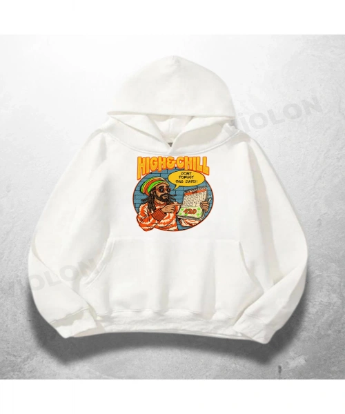 Beyaz Unisex High & Chill Baskılı Oversize Hoodie Sweatshirt