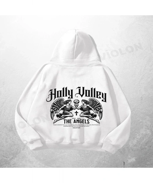 Beyaz Unisex Holly Jolly Baskılı Oversize Hoodie Sweatshirt