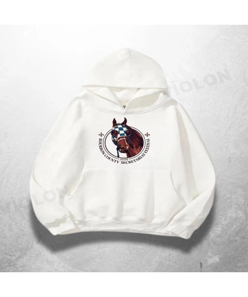 Beyaz Unisex Horse Emblem Baskılı Oversize Hoodie Sweatshirt