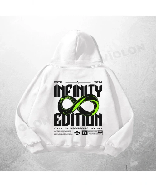 Beyaz Unisex Infinity Edition Baskılı Oversize Hoodie Sweatshirt