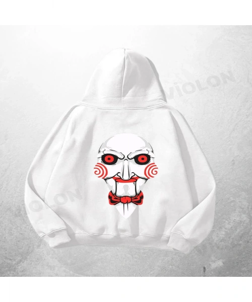Beyaz Unisex Jigsaw Baskılı Oversize Hoodie Sweatshirt