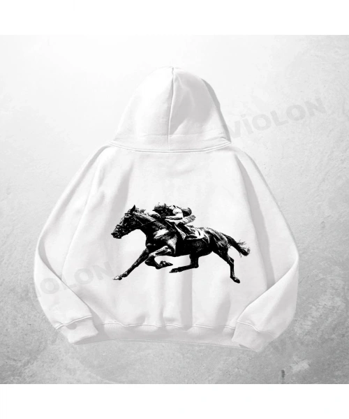 Beyaz Unisex Jockey Baskılı Oversize Hoodie Sweatshirt
