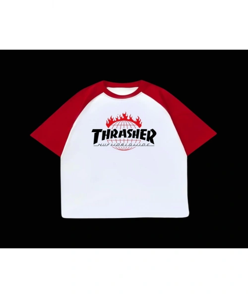 Beyaz Unisex Kırmızı Reglan Thresher T-Shirt