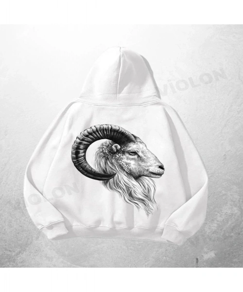 Beyaz Unisex Koç Başı Baskılı Oversize Hoodie Sweatshirt