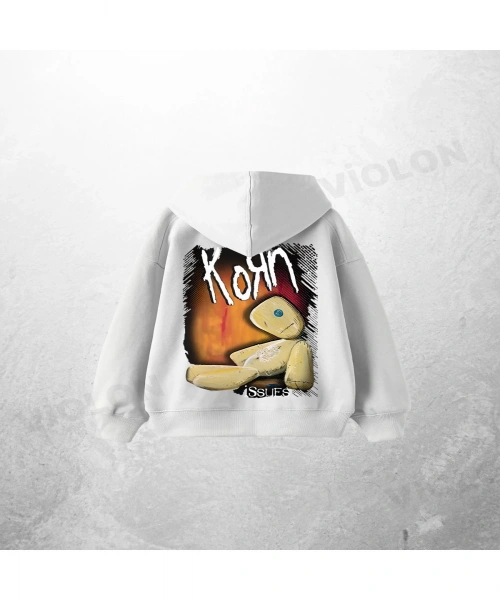 Beyaz Unisex Korn Baskılı Oversize Hoodie Sweatshirt