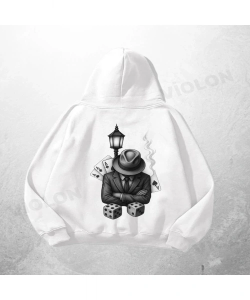 Beyaz Unisex Kumarbaz Baskılı Oversize Hoodie Sweatshirt