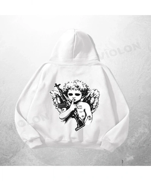 Beyaz Unisex Melek Silahlı Baskılı Oversize Hoodie Sweatshirt