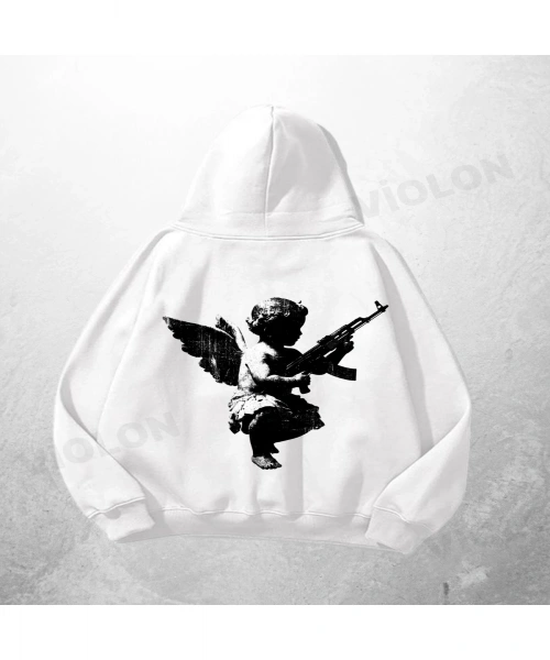 Beyaz Unisex Melek Tüfekli Baskılı Oversize Hoodie Sweatshirt