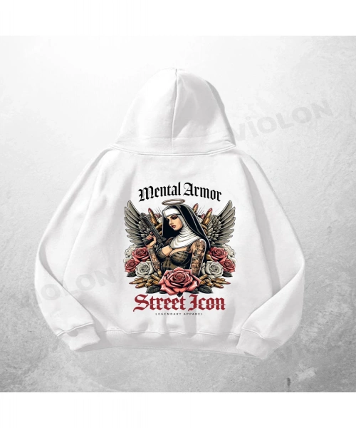 Beyaz Unisex Mental Armor Baskılı Oversize Hoodie Sweatshirt