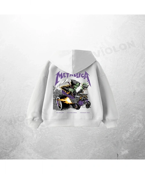 Beyaz Unisex Metallica Baskılı Oversize Hoodie Sweatshirt