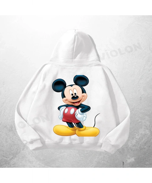 Beyaz Unisex Mickey Mouse Baskılı Oversize Hoodie Sweatshirt