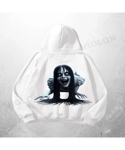 Beyaz Unisex Momo Baskılı Oversize Hoodie Sweatshirt