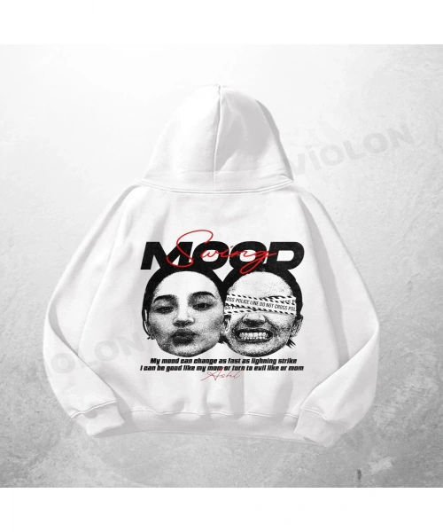 Beyaz Unisex Mood Baskılı Oversize Hoodie Sweatshirt