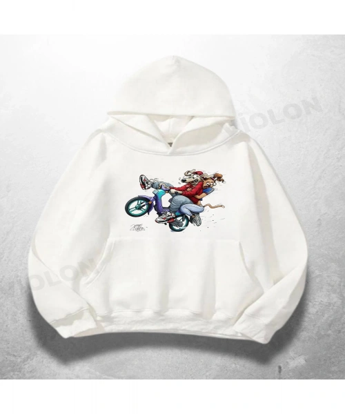 Beyaz Unisex Motorcycle Trick Baskılı Oversize Hoodie Sweatshirt