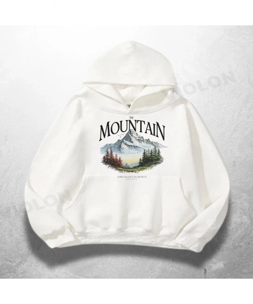 Beyaz Unisex Mountain Baskılı Oversize Hoodie Sweatshirt