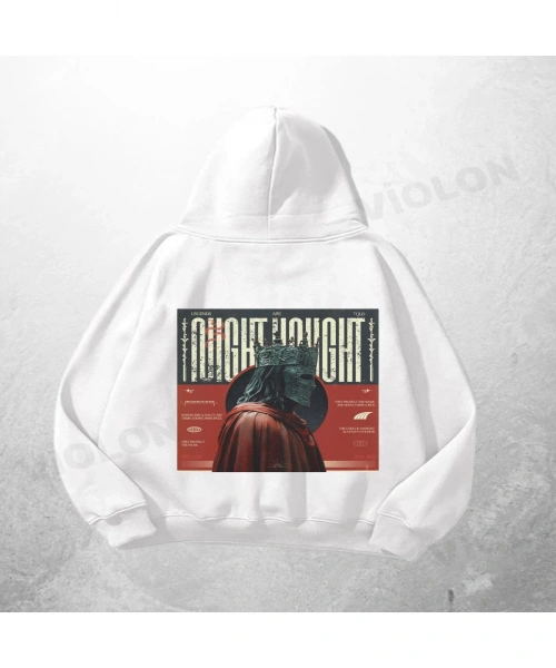 Beyaz Unisex Northern Light Baskılı Oversize Hoodie Sweatshirt