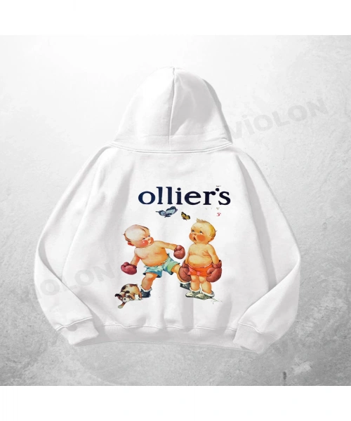 Beyaz Unisex Olliers Baskılı Oversize Hoodie Sweatshirt