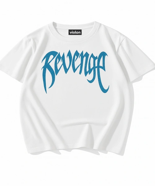 Beyaz Unisex Oversize Mavi Revenge Parıltılı Taş Baskılı Tshirt