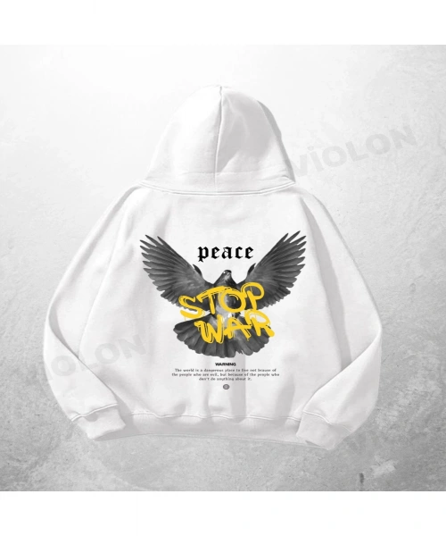 Beyaz Unisex Peace Stop War Baskılı Oversize Hoodie Sweatshirt
