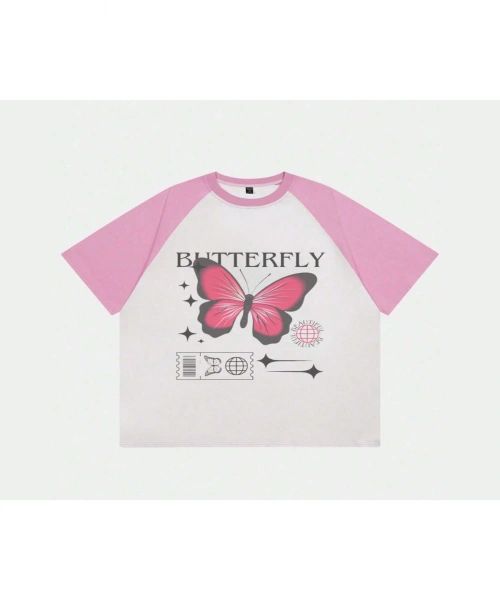 Beyaz Unisex Pembe Reglan Butterfly T-Shirt