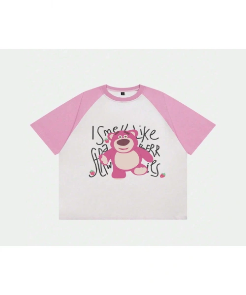 Beyaz Unisex Pembe Reglan Cute Bear T-Shirt