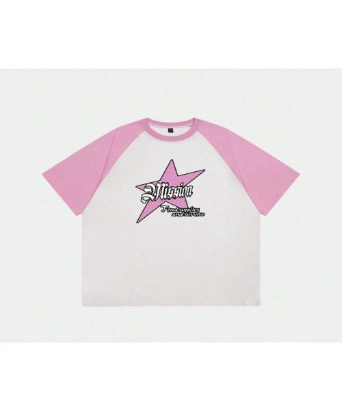Beyaz Unisex Pembe Reglan Mission Star T-Shirt