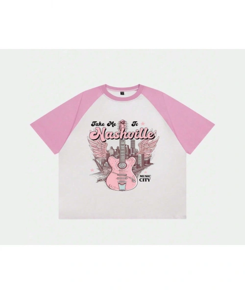 Beyaz Unisex Pembe Reglan Nashville T-Shirt