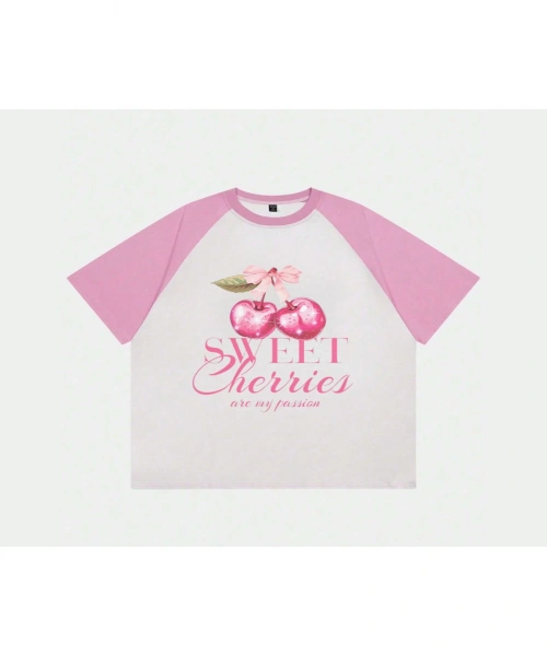 Beyaz Unisex Pembe Reglan Sweet Cherries T-Shirt