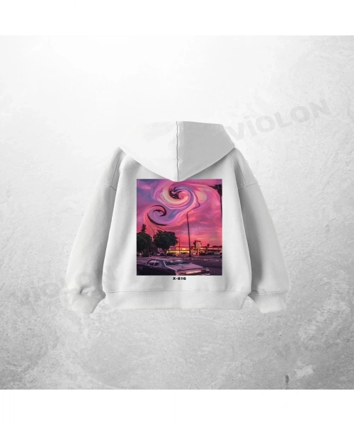 Beyaz Unisex Pink Spiral Baskılı Oversize Hoodie Sweatshirt