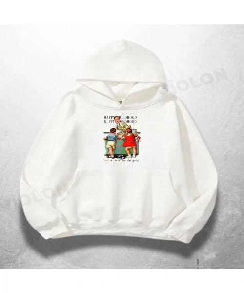 Beyaz Unisex Retro Movie Baskılı Oversize Hoodie Sweatshirt