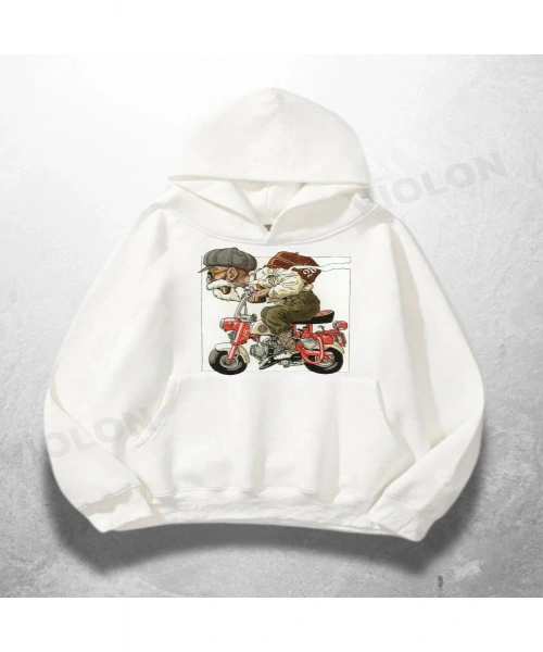 Beyaz Unisex Scooter Duo Baskılı Oversize Hoodie Sweatshirt