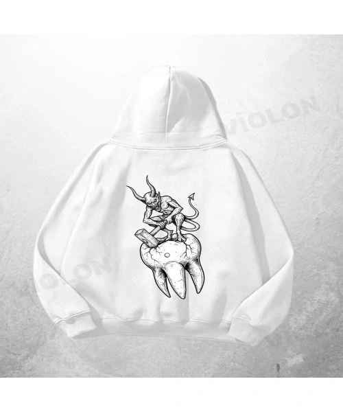 Beyaz Unisex Şeytan Tavşan Baskılı Oversize Hoodie Sweatshirt