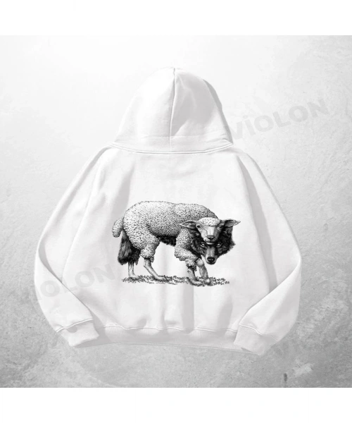 Beyaz Unisex Sheep Baskılı Oversize Hoodie Sweatshirt