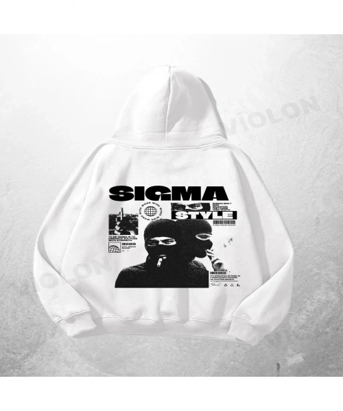 Beyaz Unisex Sigma Style Baskılı Oversize Hoodie Sweatshirt