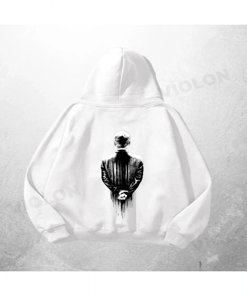 Beyaz Unisex Sırtı Dönük Adam Baskılı Oversize Hoodie Sweatshirt