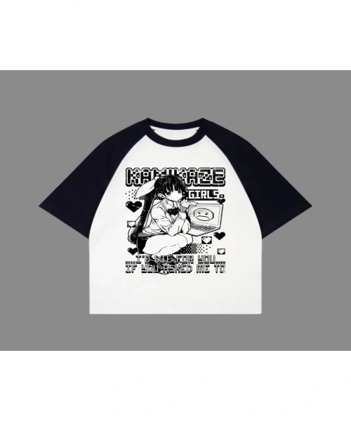 Beyaz Unisex Siyah Reglan Kamikaze T-Shirt