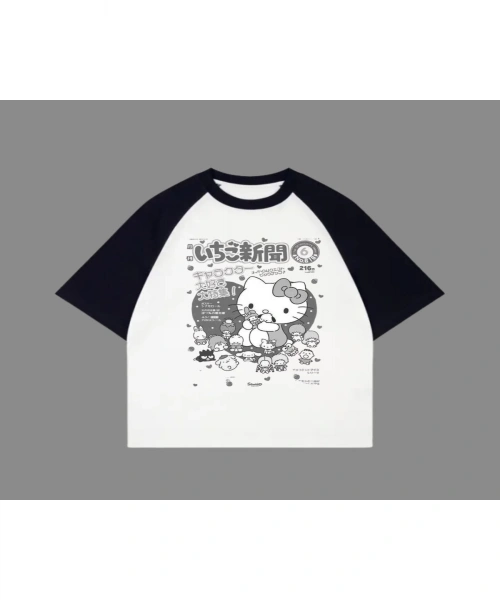 Beyaz Unisex Siyah Reglan Kitty T-Shirt